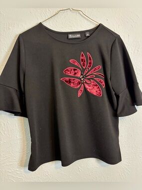 New York and Company Black Short Sleeve Top with Pink Velvet Floral Applique